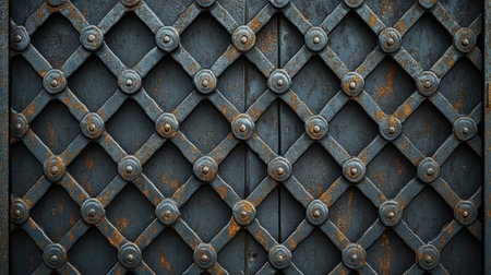 This image showcases a vintage decorative metal door featuring a unique cross pattern and rust highlights, perfect for architectural or artistic themes.の素材
