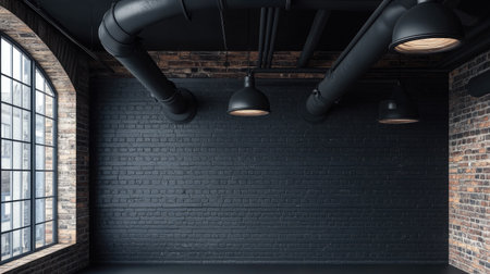 This image showcases a modern industrial interior featuring a black brick wall and metal pipes. The space is empty, providing a versatile backdrop for various creative projects.の素材