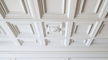 This elegant white ceiling showcases intricate moldings and detailed patterns, enhancing the luxury of the interior space. Perfect for design inspiration.の素材