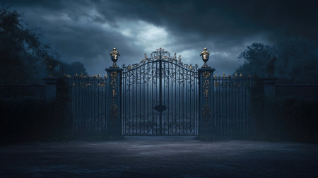 A striking image of an ornate iron gate shrouded in fog under a moody dark sky. The atmosphere evokes mystery and architectural beauty. Perfect for dramatic scenes.の素材