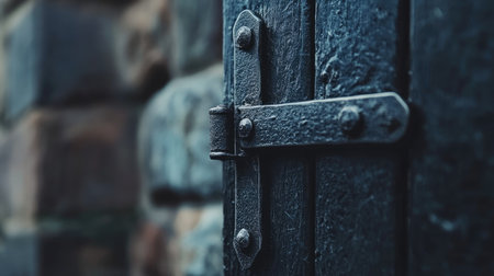 This close-up image showcases a vintage metal door hinge on a rustic door frame, highlighting intricate details and textures in the design. Perfect for architecture or decor themes.の素材