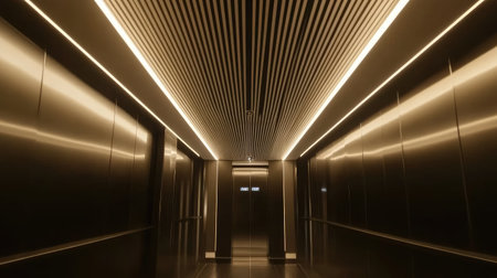 A modern elevator interior featuring sleek metal walls and ambient lighting. The minimalistic design highlights a stylish and sophisticated atmosphere, ideal for urban settings.の素材