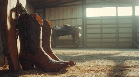 A pair of rustic cowboy boots resting against a wooden post in a barn, with a horse visible in the background, capturing the essence of country life and equestrian culture.の素材