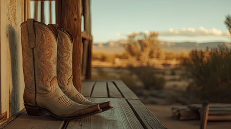 A pair of rustic cowboy boots rests on a wooden porch, capturing the essence of rural life against a stunning desert sunset with soft colors.の素材