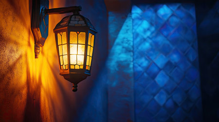 A beautifully designed lantern emits a warm, inviting light against a textured wall, contrasting with cool blue shadows to create a serene, atmospheric interior scene.の素材