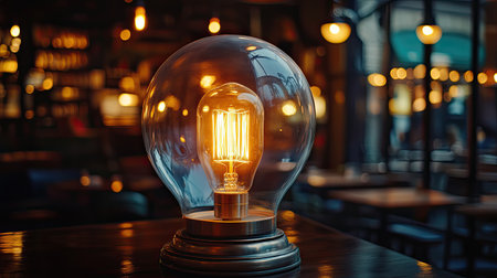 A stunning vintage Edison bulb enclosed in a glass dome, perfectly contrasting with the warm, intimate atmosphere of a stylish cafe, ideal for cozy gatherings.の素材