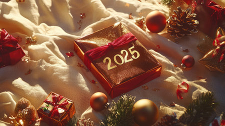 A beautifully wrapped gift featuring a gold "2025" tag, adorned with festive ornaments and pine cones, creating a warm holiday atmosphere perfect for celebrations.の素材
