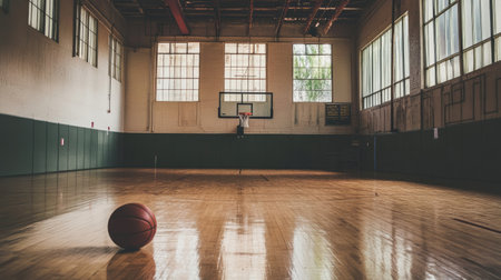 A serene view of an empty indoor basketball court featuring a single ball in the foreground. The polished hardwood floor reflects natural light, emphasizing the peaceful atmosphere.の素材