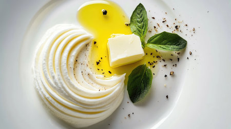 A beautiful arrangement of creamy whipped butter with a drizzle of olive oil and fresh herbs offers a gourmet touch to any meal, perfect for culinary enthusiasts.の素材