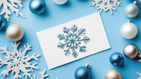 A vibrant flat lay image showcasing elegant snowflakes and colorful ornaments arranged around a greeting card on a blue backdrop, perfect for holiday-themed designs.の素材
