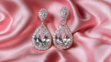 Beautiful tear drop earrings adorned with sparkling crystals, resting on a luxurious pink fabric. Perfect accessory for elegant occasions or a special gift.の素材