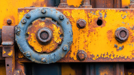 Close-up view of a rusty industrial gear showcasing vivid yellow and blue colors. The image captures details of wear, corrosion, and texture, illustrating age.の素材