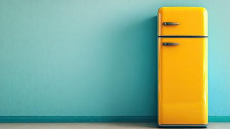 A bright yellow retro refrigerator stands proudly against a teal wall, adding a vibrant touch to any kitchen. This striking appliance embodies a fun, cheerful aesthetic.の素材