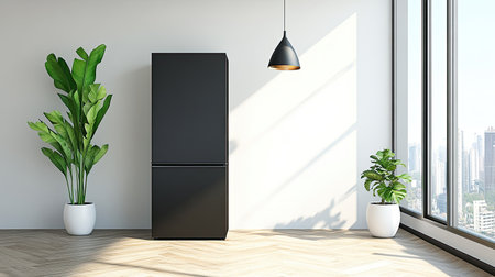 A sleek black refrigerator stands in a modern kitchen, complemented by green plants. Sunlight streams through large windows, creating a tranquil atmosphere.の素材
