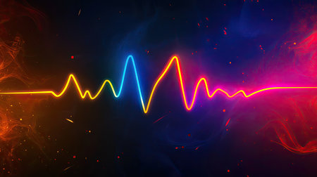 A vibrant visual of a colorful sound wave design features neon lights against a dark background, showcasing movement and energy with a modern artistic aesthetic.の素材