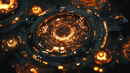 Explore a stunning futuristic abstract design featuring glowing circles and intricate lines, perfect for technology, innovation, or digital art themes.の素材