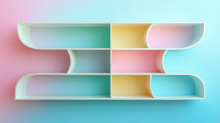 Modern shelving unit featuring soft pastel colors with sleek curves. Ideal for organizing and displaying items in artistic and stylish interiors.の素材