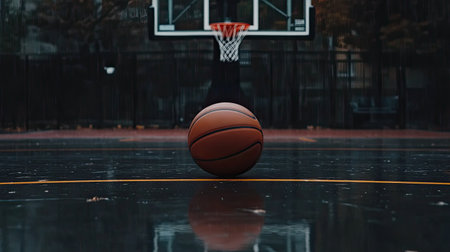 A solitary basketball rests on a damp court, reflecting the surrounding urban landscape. The scene captures the essence of sports and solitude in an urban playground.の素材
