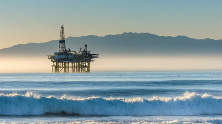 A serene view of an offshore oil platform set against a beautiful mountain backdrop, reflecting the calm ocean waves at sunrise, showcasing the balance between nature and industry.の素材