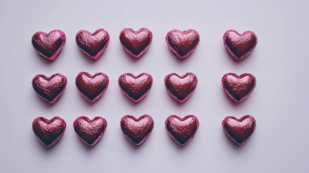 A beautiful arrangement of shiny red heart-shaped chocolates on a pastel background. Ideal for Valentine's Day, celebrations, or sweet treats for loved ones.の素材