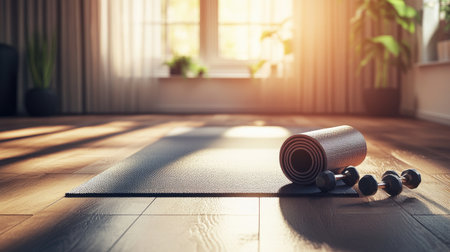 A serene fitness space illuminated by morning sunlight, featuring a yoga mat and dumbbells on a wooden floor, perfect for wellness and exercise routines.の素材