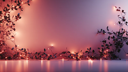 A serene composition featuring decorative vines with warm lights, creating an inviting atmosphere against a soft gradient background, perfect for various themes.の素材