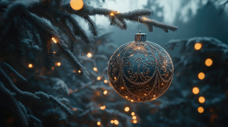 A beautiful ornament dangles from a snowy tree branch, illuminated by twinkling lights. This enchanting scene captures the magic and warmth of the holiday season.の素材