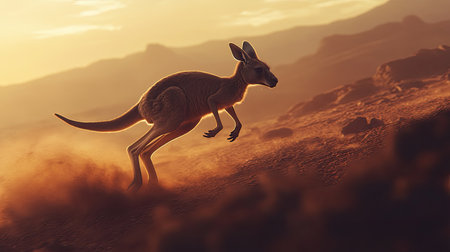 A majestic kangaroo leaps gracefully across a dusty terrain at sunset, capturing the essence of wild Australia. The silhouette showcases movement and freedom.の素材