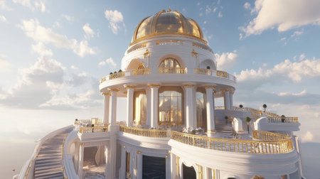Discover a stunning palace featuring a magnificent golden dome, set against a backdrop of soft clouds and a serene sky, exuding luxury and elegance.の素材