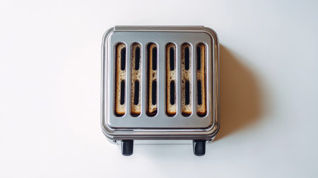 A classic silver toaster showcasing browned bread from a top view on a clean white background. Perfect for highlighting kitchen appliances and breakfast themes.の素材