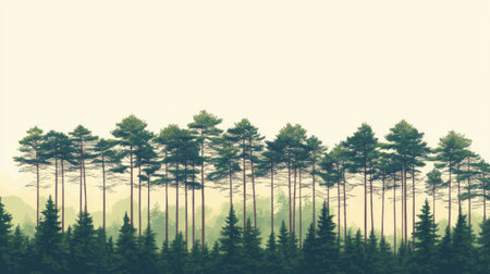 A tranquil landscape featuring tall pine trees standing gracefully in soft morning fog, creating a serene and peaceful atmosphere ideal for nature lovers.の素材