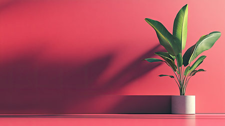 A striking green tropical plant in a sleek pot adds life to a vibrant pink wall. This modern interior setup creates a fresh and calming atmosphere.の素材