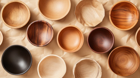 A captivating array of various wooden bowls arranged artistically on crumpled paper. Each bowl showcases unique shapes and grains, perfect for kitchen decor or culinary display.の素材