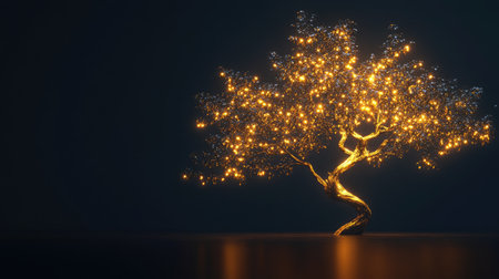 A beautifully illuminated tree adorned with glowing lights creates a serene and enchanting atmosphere. Perfect for artistic and decorative themes.の素材