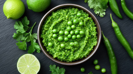 A vibrant bowl of fresh green chutney featuring peas, cilantro, and lime. Perfect for enhancing dishes, this aromatic mix adds flavor and nutrition.の素材