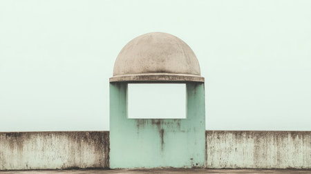 This image showcases a unique minimalist architectural structure featuring a dome and an empty frame. The serene color palette and simple lines create a tranquil atmosphere.の素材