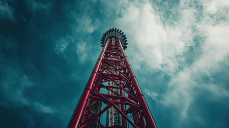 A striking low-angle view of a towering amusement park attraction against a dramatic sky. The vibrant colors and structure highlight the thrill and excitement of the ride.の素材