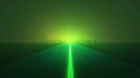 A captivating futuristic cityscape featuring a neon green horizon and a vibrant pathway, creating an immersive and surreal urban atmosphere.の素材