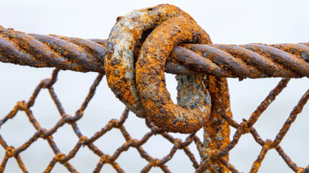 Close-up view of a rusty metal ring linked to a corroded wire fence, showcasing intricate textures and colors of decay, ideal for themes of neglect and resilience.の素材