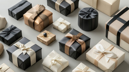 Discover a beautiful arrangement of elegant gift boxes in diverse colors and sizes. Perfect for celebrations, these stylish presents enhance any occasion.の素材