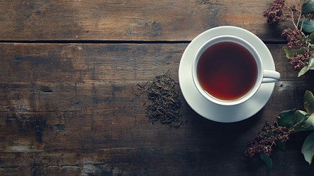 A serene scene featuring a warm cup of tea resting on a rustic wooden table, complemented by loose tea leaves, inviting moments of relaxation and comfort.の素材