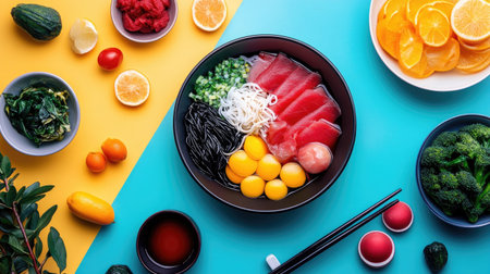 A vibrant sushi bowl featuring fresh tuna, colorful vegetables, and delicately arranged garnishes. Perfect for food lovers and culinary enthusiasts.の素材