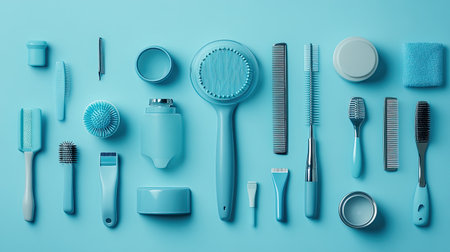 A vibrant flat lay of diverse hair care tools in calming blue tones. Ideal for beauty and grooming themes, emphasizing style and organization.の素材