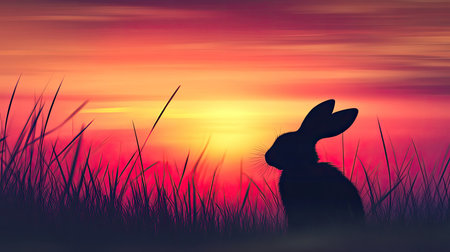 A serene silhouette of a rabbit stands in tall grass against a stunning sunset. The warm colors of the sky create a tranquil atmosphere, perfect for depicting nature's beauty.の素材