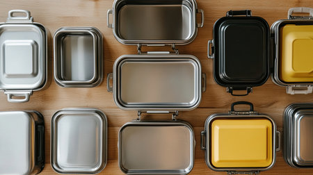 A collection of various metal containers arranged on a wooden surface. The stylish design offers efficient food storage solutions for home or travel, showcasing durability and versatility.の素材
