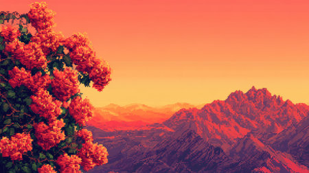 A stunning sunset scene depicts a majestic mountain range bathed in warm orange hues, complemented by a vibrant floral display in the foreground, creating a serene atmosphere.の素材