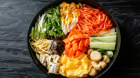 A visually appealing assortment of fresh vegetables arranged beautifully in a round bowl, perfect for healthy meal preparation and culinary inspiration.の素材