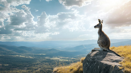 A kangaroo rests atop a rock, gazing over a stunning mountain landscape under a bright sky. This serene scene captures the beauty of nature and wildlife.の素材