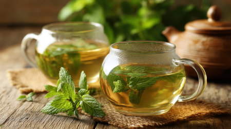 Enjoy a calming moment with this herbal tea infused with fresh mint leaves, served in elegant glass cups. Perfect for promoting wellness and relaxation.の素材