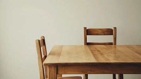 A simple wooden table paired with two empty chairs creates a cozy and inviting atmosphere. The minimalist design and warm tones enhance any interior space.の素材